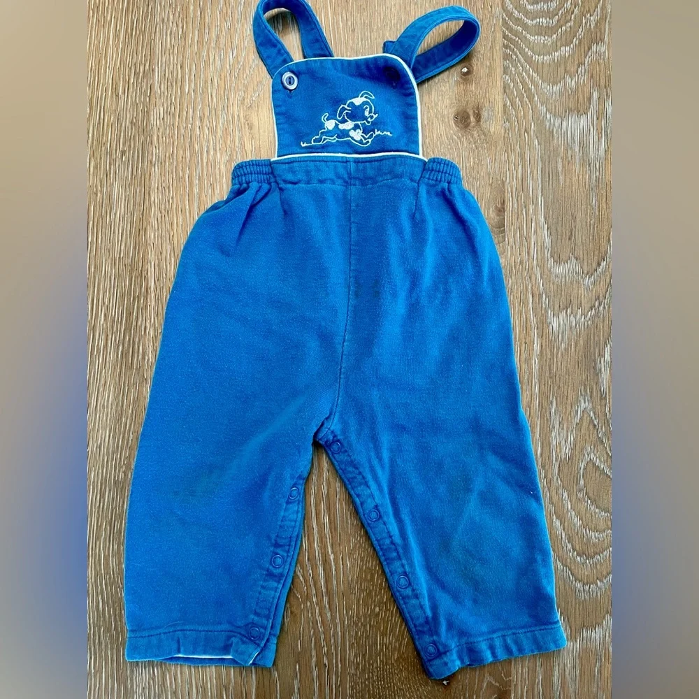 Carter’s Blue Cotton Overalls with embroidered‎ puppy running, size XL VTG 70s